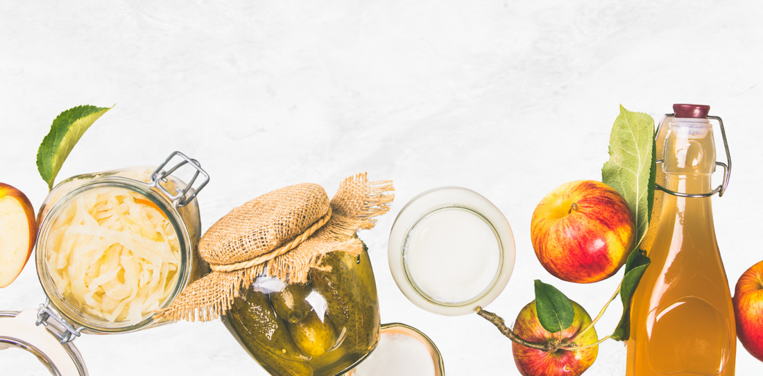 Alimentos fermentados naturales como chucrut, pepinillos, yogurt y vinagre de manzana, ricos en probióticos para la salud intestinal
