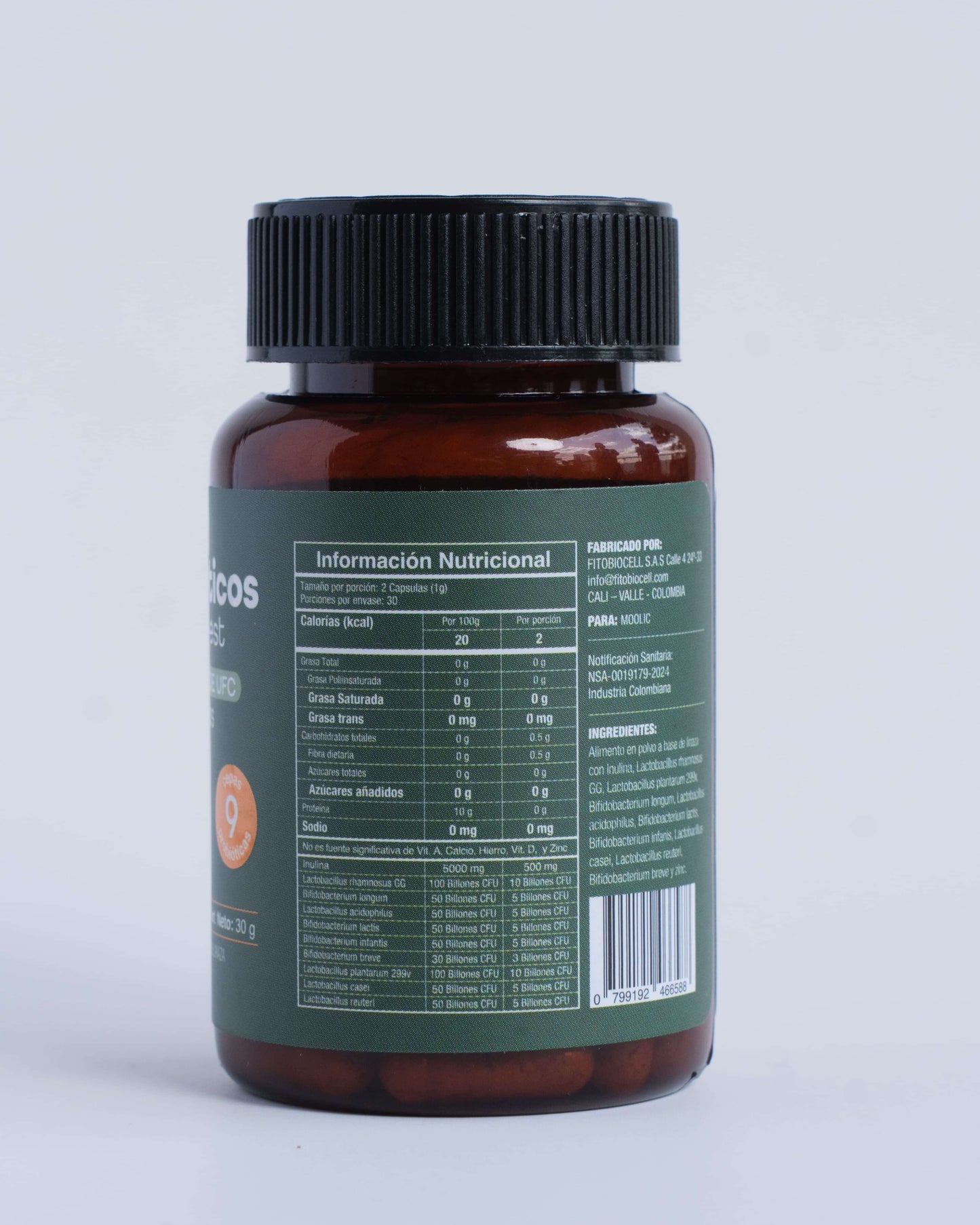 Detalle del etiquetado de probióticos Moolic con inulina y linaza natural