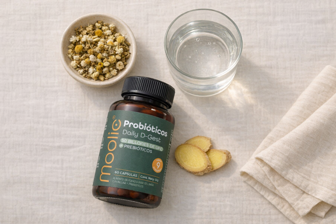 Probióticos, agua, manzanilla y jengibre sobre superficie de lino cálida: el abordaje con Lactobacillus plantarum 299v y Bifidobacterium infantis 35624 que reduce el dolor y la distensión en el síndrome de intestino irritable