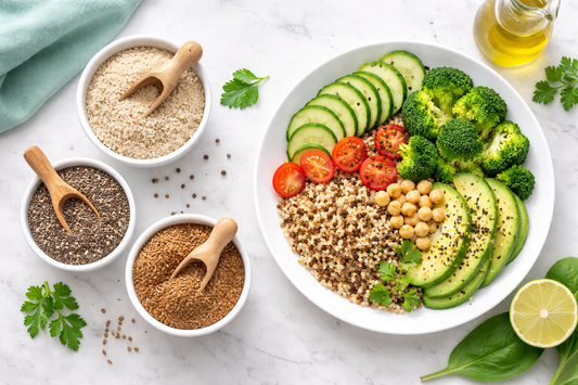 Alimentos saciantes ricos en fibra, psyllium, chía, linaza y vegetales, respaldados por la ciencia para el control del apetito y el manejo del peso corporal