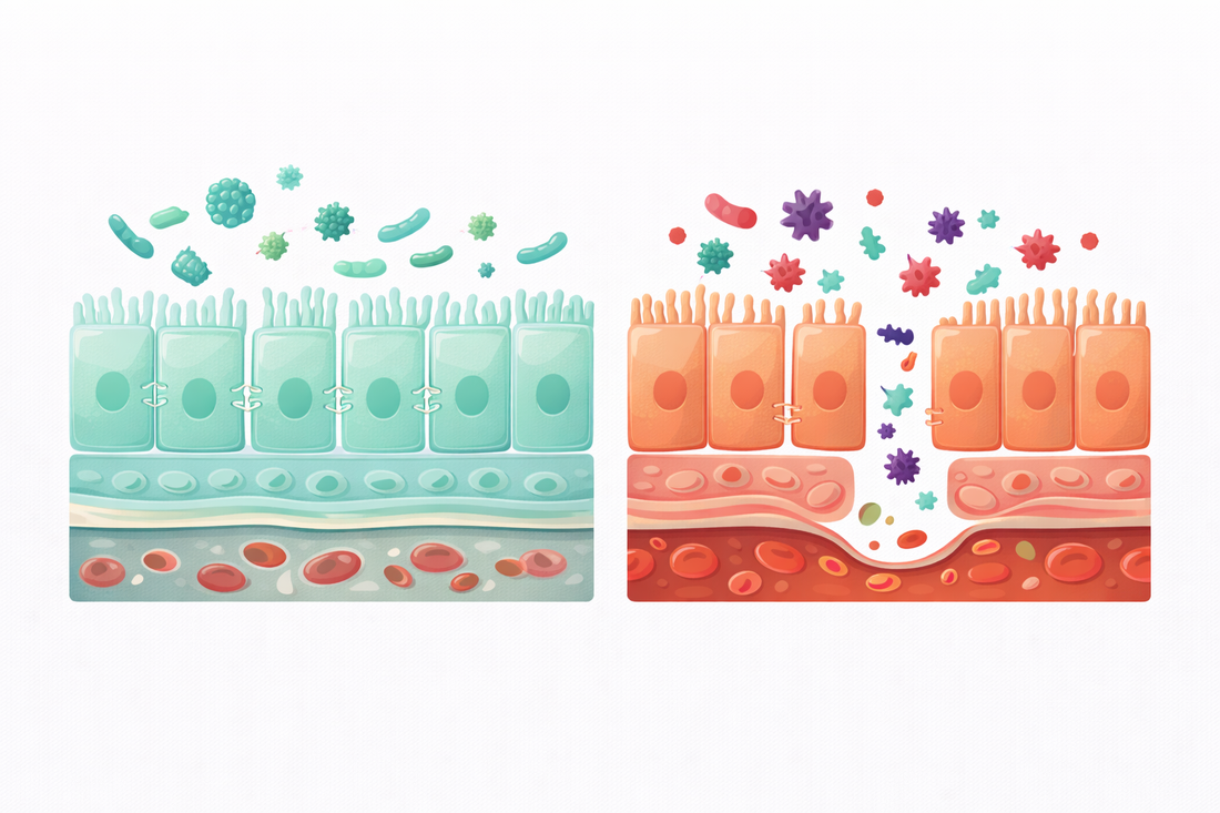 Comparación entre barrera intestinal sana con uniones estrechas intactas y microbiota protectora, frente a intestino permeable con huecos en el epitelio que permiten el paso de toxinas y fragmentos bacterianos al torrente sanguíneo