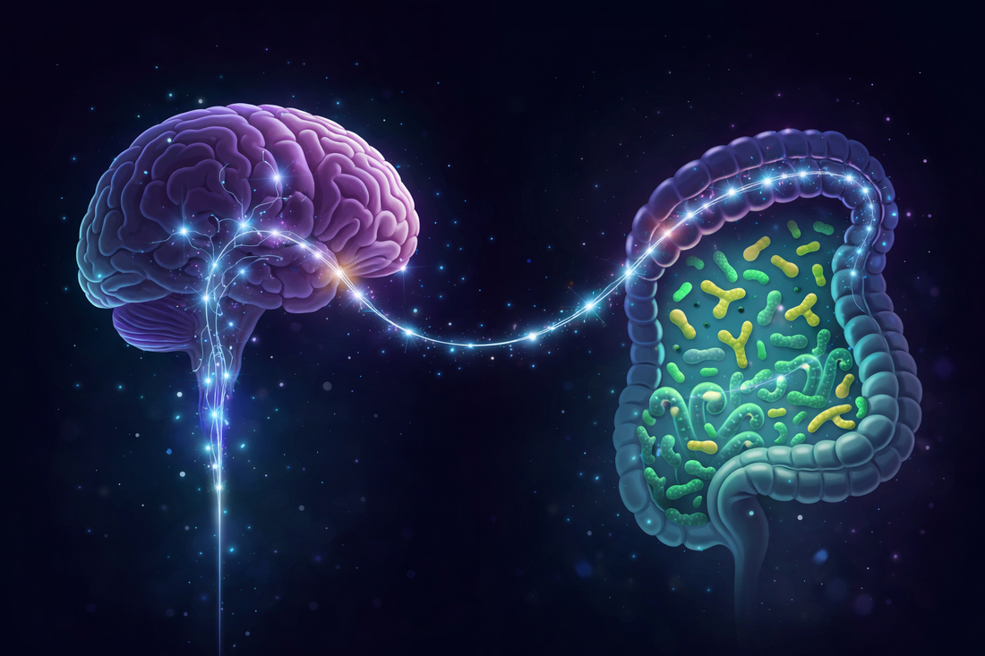 Ilustración científica del eje intestino-cerebro: conexión bidireccional entre el intestino con su microbiota y el cerebro a través del nervio vago, con señales neurales viajando en ambas direcciones
