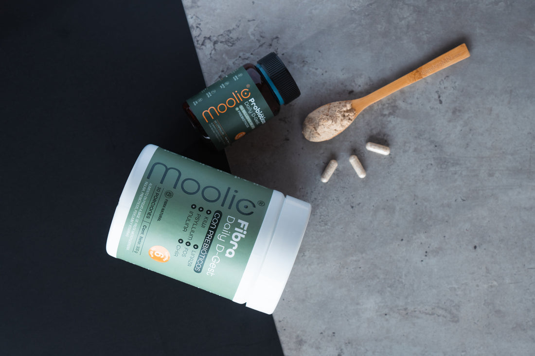 Tarro de probioticos y prebioticos de la linea Daily D-Gest de Moolic