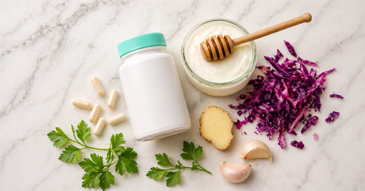 Probióticos, yogur natural, vegetales fermentados y jengibre sobre mármol blanco: los elementos clave para restaurar activamente la flora intestinal después de diarrea, antibióticos o una infección intestinal