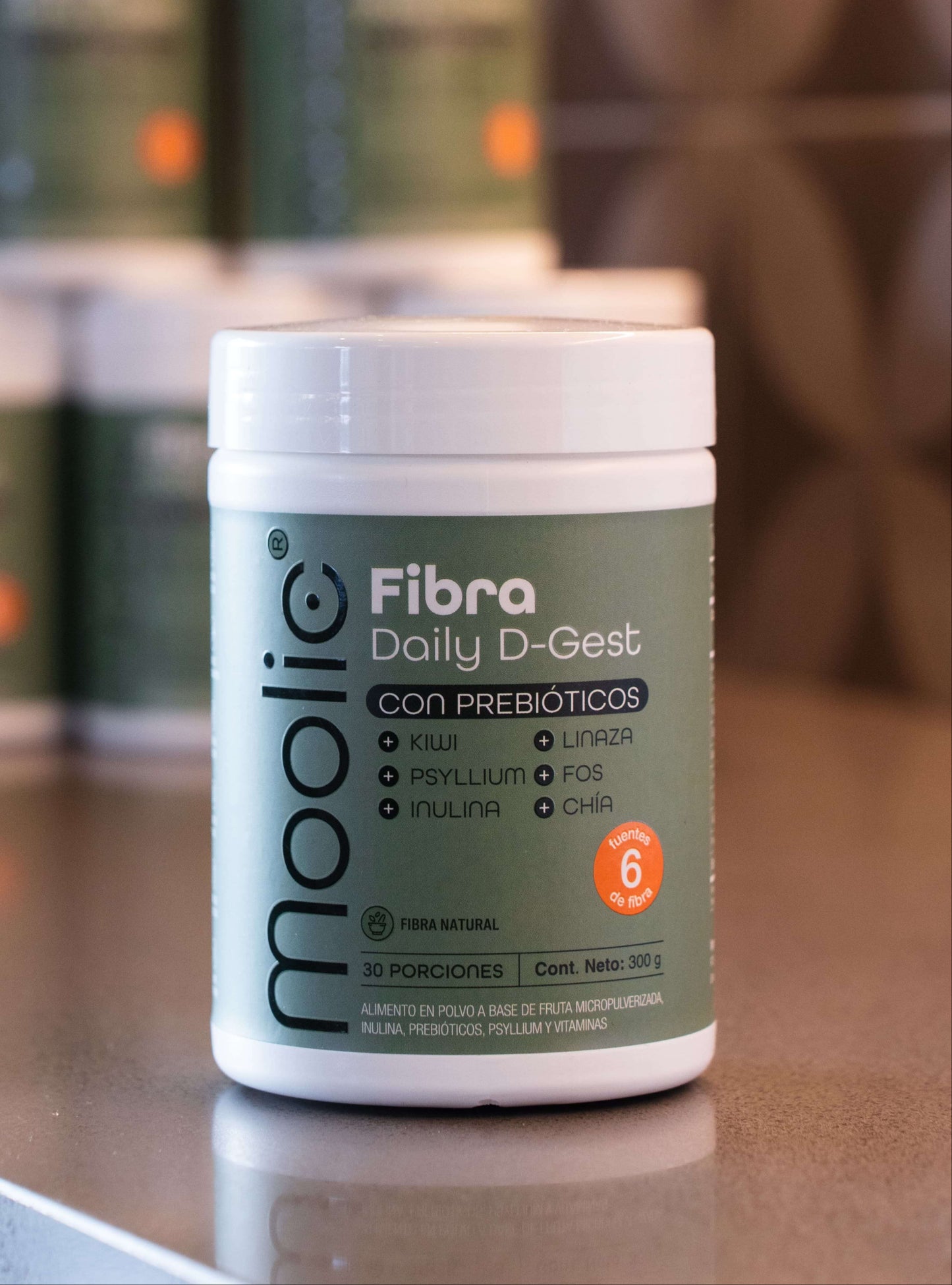 Suplemento de fibra Moolic en polvo con kiwi y psyllium