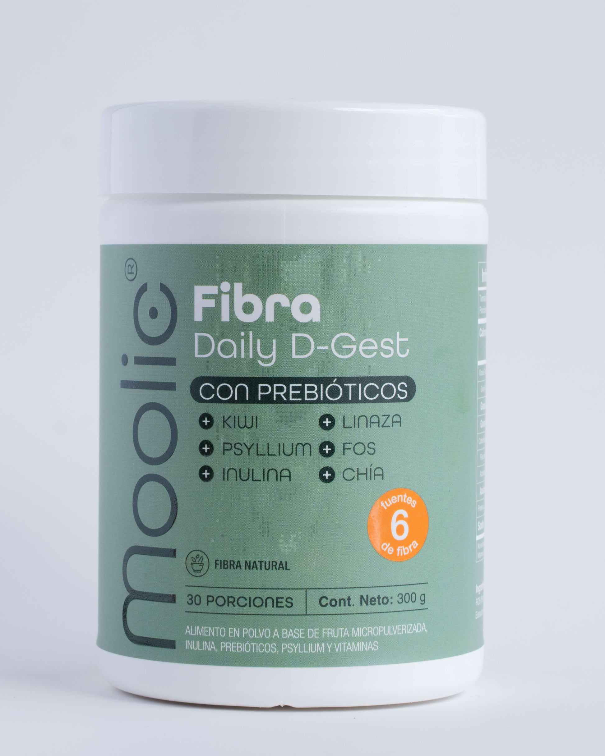 Fibra natural Moolic con prebióticos de kiwi, psyllium, inulina, linaza, FOS y chía para salud intestinal