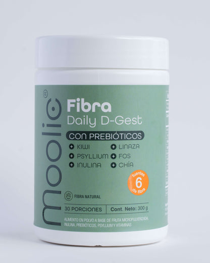 Fibra natural Moolic con prebióticos de kiwi, psyllium, inulina, linaza, FOS y chía para salud intestinal
