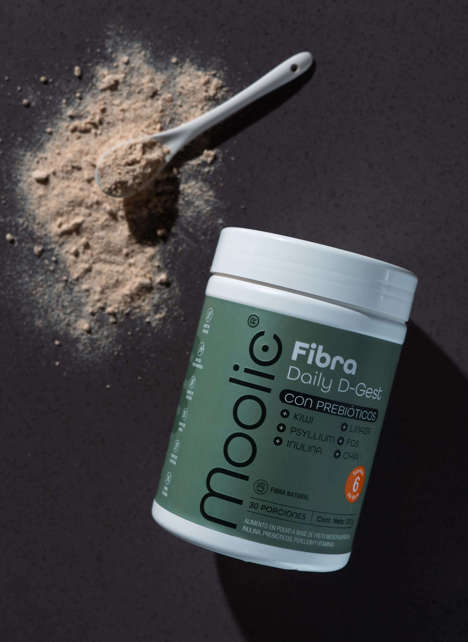 Moolic Fibra Daily D-Gest con mezcla en polvo y cuchara dosificadora, suplemento con prebióticos naturales como kiwi, linaza, psyllium e inulina