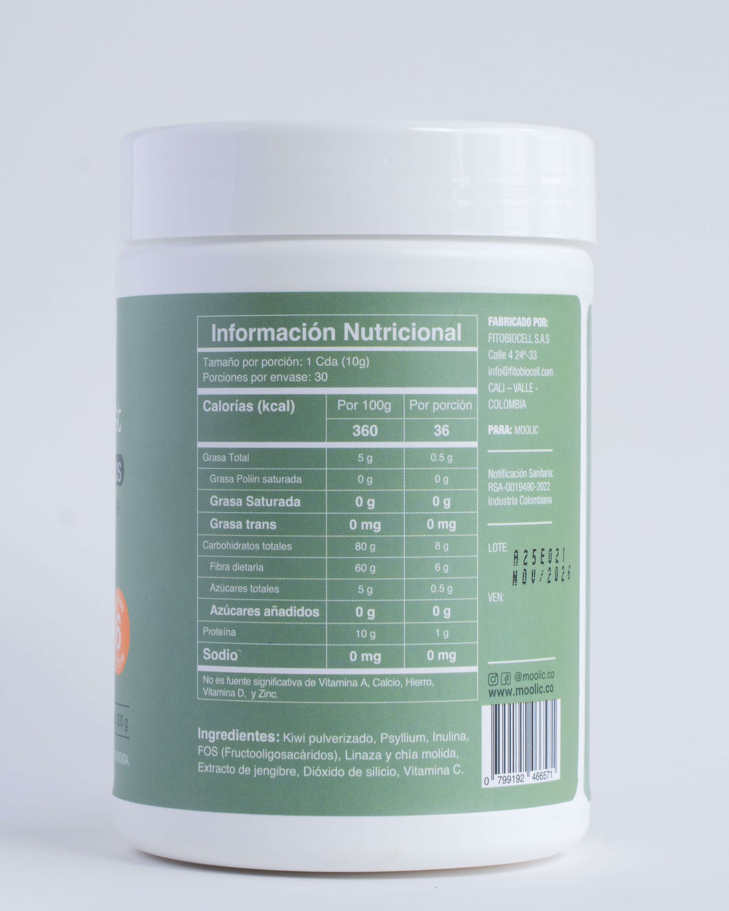 Tabla nutricional fibra Moolic en polvo con kiwi, linaza, psyllium e inulina