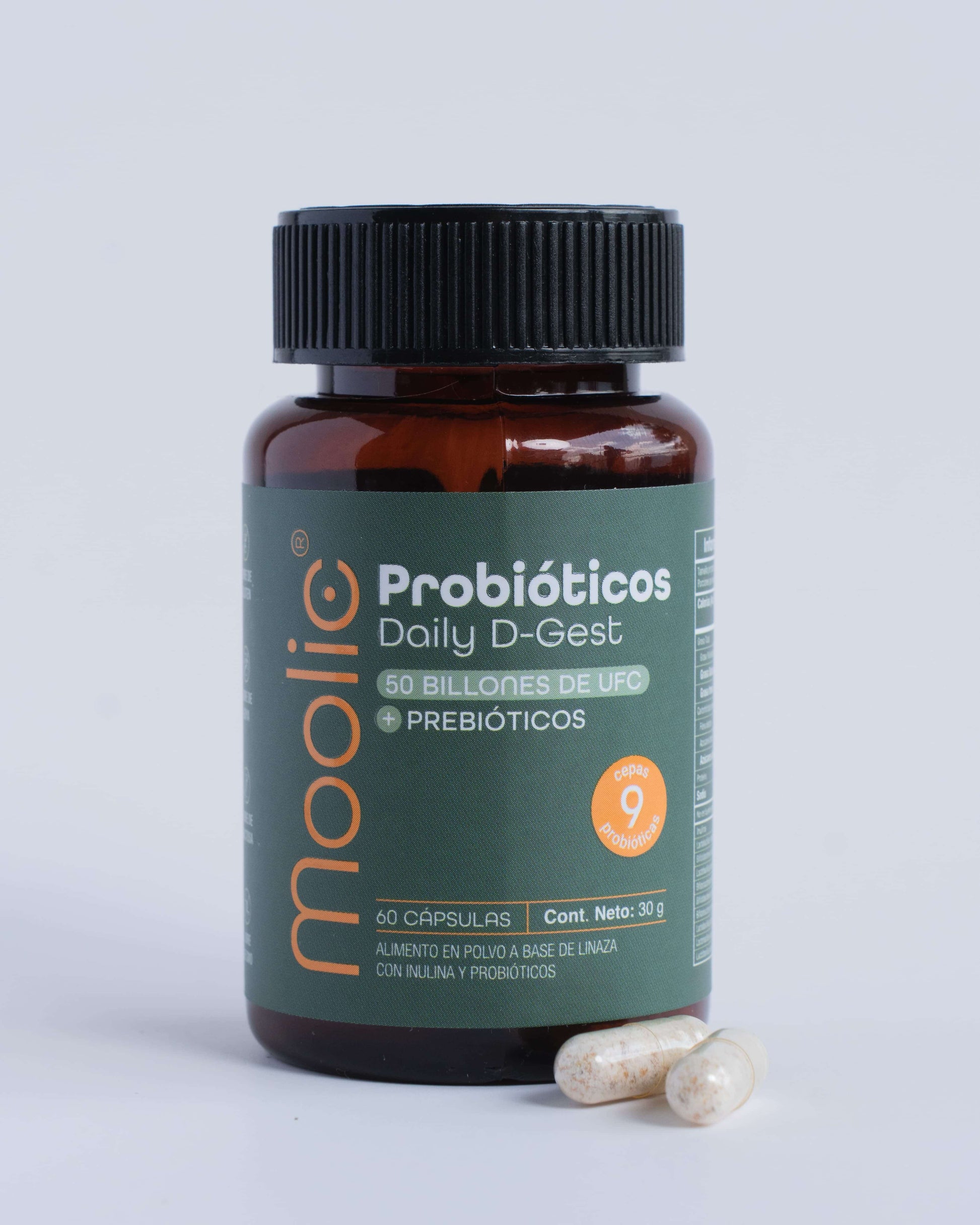 Frasco de probióticos Moolic con 9 cepas científicas para la salud intestinal